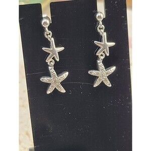 925 Sterling Silver Star Dangle Earrings Double Drop Celestial Charm 1.5" NWOT